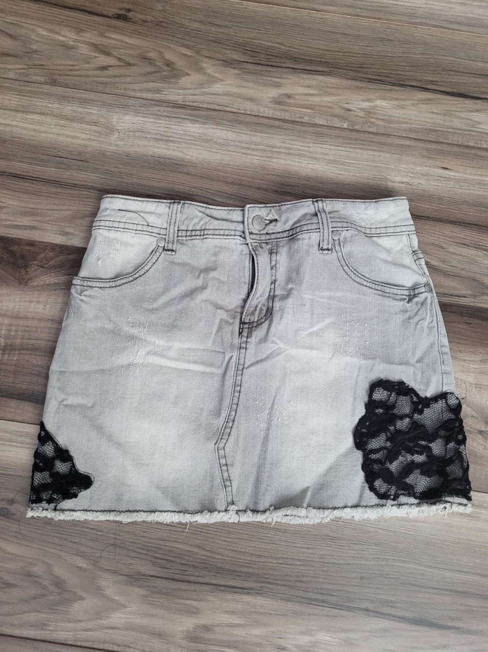 Light Gray Denim Mini Skirt with Black Lace Trim